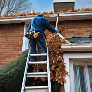 Professional gutter cleaner on ladder removing autumn leaves from residential eavestrough using proper safety equipment in York