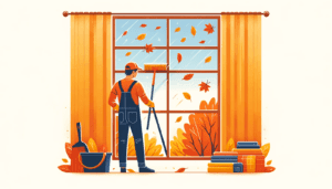 A person in overalls and a cap uses a squeegee to clean a large window, framed by orange curtains. Outside, colorful autumn leaves are falling. Nearby, a bucket with cleaning supplies and folded blankets are placed on the floor.