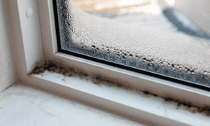 A window with condensation on the glass and black mold growing on the white window frame. The moisture droplets are visible on the interior surface, indicating excess humidity.