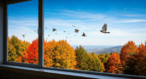 Spotless residential window with birds flying over autumn trees showing professional window cleaning clarity and scenic mountain view