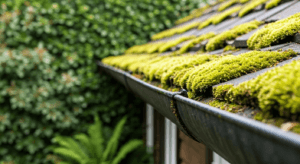 Neglected eavestrough heavily overgrown with moss needing professional gutter maintenance and cleaning service in Toronto