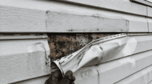 Vinyl siding damage caused by high-pressure washing forcing water behind panels