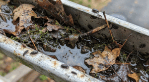 Clogged gutter filled with standing water breeding mosquitoes and attracting pests