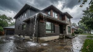 Overflowing gutters causing water pooling near home foundation during Toronto rainstorm