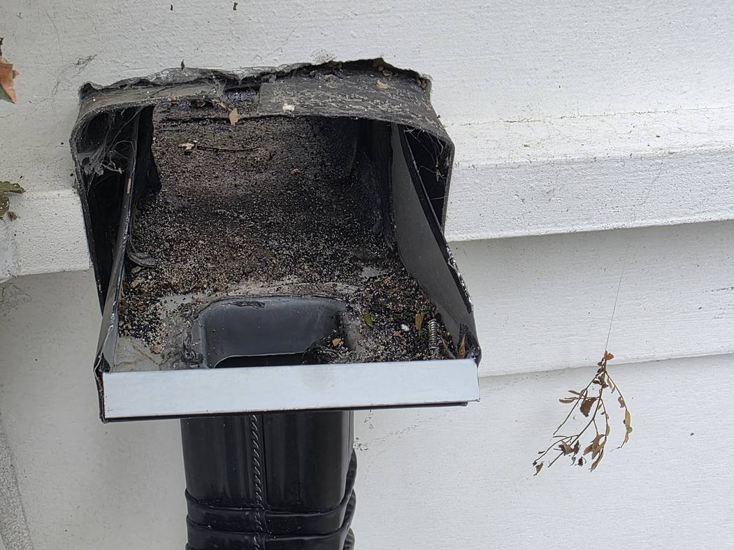 Outlet box above a downspout on a Toronto house, its floor covered in grit and small debris, photographed by DT Cleaning
